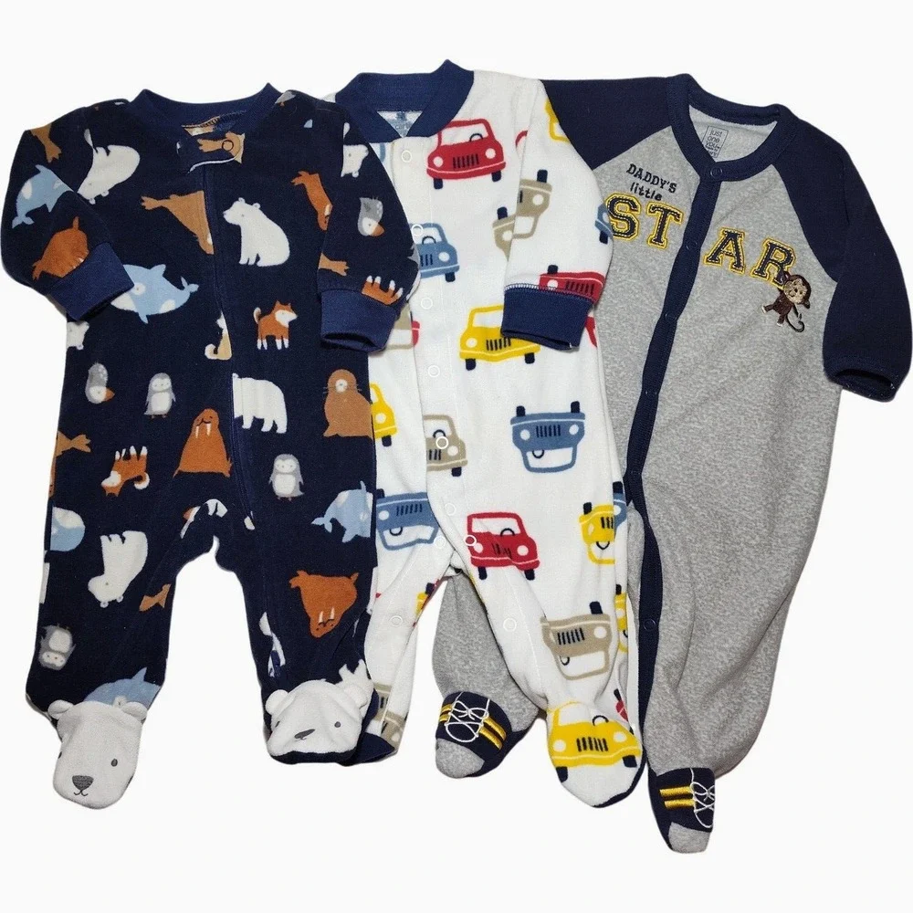 3 Carter's Fleece 3 Mos Footed Sleeper Lot‎ Daddy's All Star Monkey Car Bear Boy